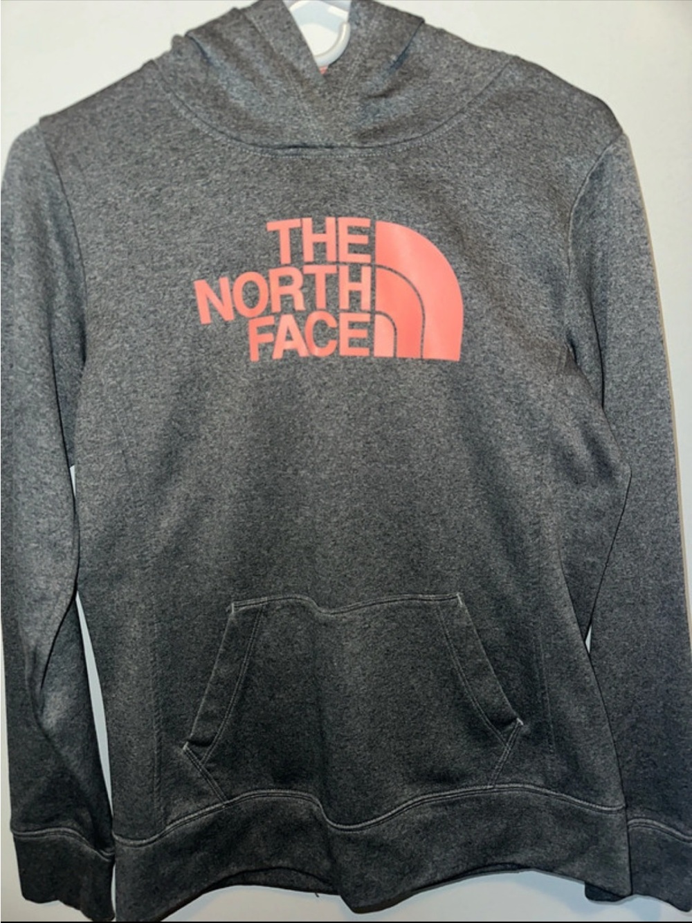 The North Face Heather Gray Hoodie with Pink Logo